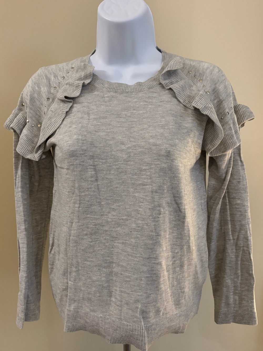 kidpik Light Gray Ruffle Shoulder Sweater
